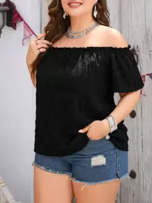 Reflora 大碼一字肩褶邊褶皺紋理襯衫 - 黑色 - 查看 5