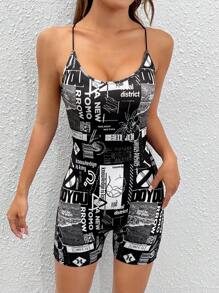 SHEIN EZwear Slogan Graphic Crisscross Backless Cami Unitard Romper - Black and White - View 5