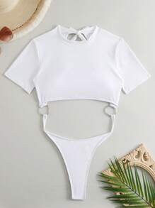 Summer Beach Ring Linked Cut Out High Neck One Piece Swimsuit - White - View 3