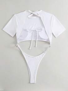 Summer Beach Ring Linked Cut Out High Neck One Piece Swimsuit - White - View 4