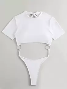 Summer Beach Ring Linked Cut Out High Neck One Piece Swimsuit - White - View 5