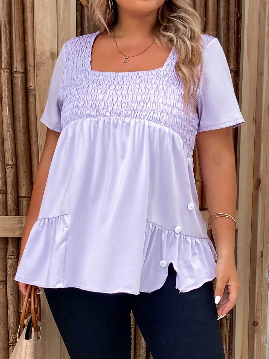 SHEIN LUNE Camiseta de cuello cuadrado bajo con fruncido - Púrpura malva - Ver 1