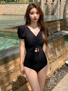 DAZY Solid Drawstring Front Cut Out One Piece Swimsuit - Black - View 4