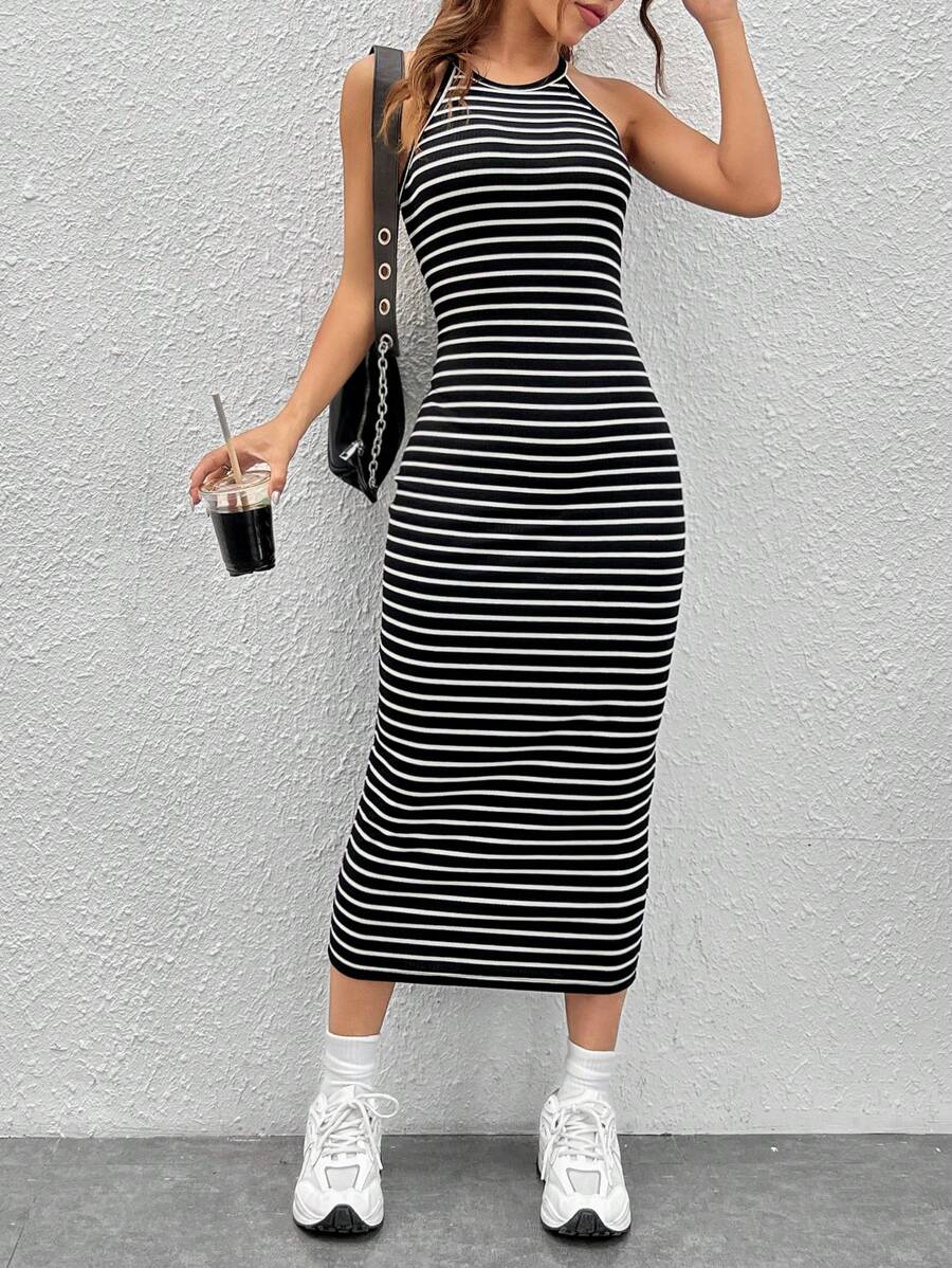 SHEIN EZwear Vestido halter con estampado de rayas - Blanco y Negro - Ver 1