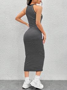 SHEIN EZwear Vestido halter con estampado de rayas - Blanco y Negro - Ver 2