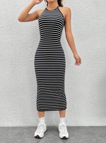 SHEIN EZwear Vestido halter con estampado de rayas - Blanco y Negro - Ver 3