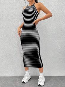 SHEIN EZwear Vestido halter con estampado de rayas - Blanco y Negro - Ver 5