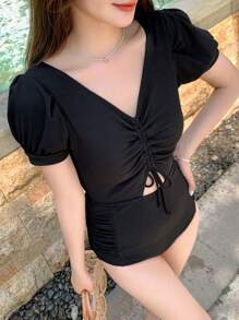 DAZY Solid Drawstring Front Cut Out One Piece Swimsuit - Black - View 9