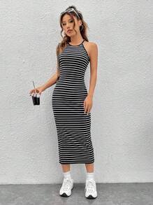 SHEIN EZwear Vestido halter con estampado de rayas - Blanco y Negro - Ver 6