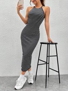 SHEIN EZwear Vestido halter con estampado de rayas - Blanco y Negro - Ver 8