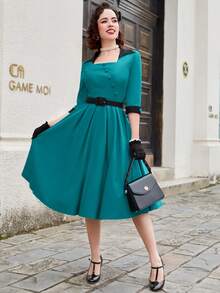 MUXXN Đầm Dây kéo Nút Khối Màu Thanh lịch - Màu xanh ngọc - Xem 6