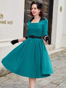 MUXXN Đầm Dây kéo Nút Khối Màu Thanh lịch - Màu xanh ngọc - Xem 4