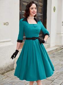 MUXXN Đầm Dây kéo Nút Khối Màu Thanh lịch - Màu xanh ngọc - Xem 5