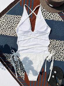 Bañador una pieza con tira cruzada de espalda abierta - Blanco - Ver 6