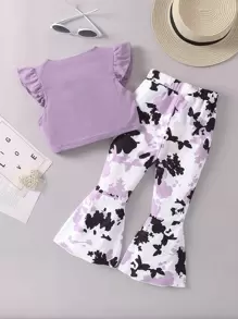 SHEIN Cô Gái Trẻ Tím Loại bướm Hình dạng Giải trí Thoải mái Nhỏ bé Cổ chữ V Nếp uốn Tay áo 2 Miếng Bộ Cho mùa hè - Màu tím - Xem 2