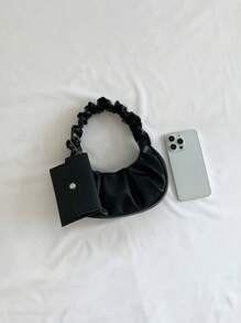 Set de 2 bolsos pequeños de unicolor con pliegues y monedero, bolso bandolera de mujer de unicolor con diseño de nube y media luna