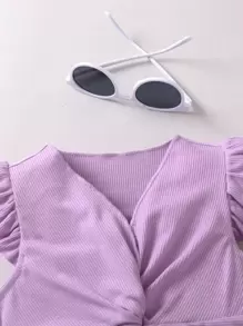 SHEIN Cô Gái Trẻ Tím Loại bướm Hình dạng Giải trí Thoải mái Nhỏ bé Cổ chữ V Nếp uốn Tay áo 2 Miếng Bộ Cho mùa hè - Màu tím - Xem 4