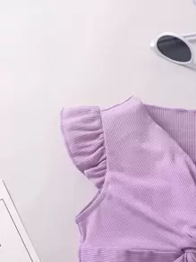 SHEIN Cô Gái Trẻ Tím Loại bướm Hình dạng Giải trí Thoải mái Nhỏ bé Cổ chữ V Nếp uốn Tay áo 2 Miếng Bộ Cho mùa hè - Màu tím - Xem 5