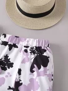 SHEIN Cô Gái Trẻ Tím Loại bướm Hình dạng Giải trí Thoải mái Nhỏ bé Cổ chữ V Nếp uốn Tay áo 2 Miếng Bộ Cho mùa hè - Màu tím - Xem 6