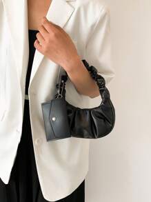 Set de 2 bolsos pequeños de unicolor con pliegues y monedero, bolso bandolera de mujer de unicolor con diseño de nube y media luna