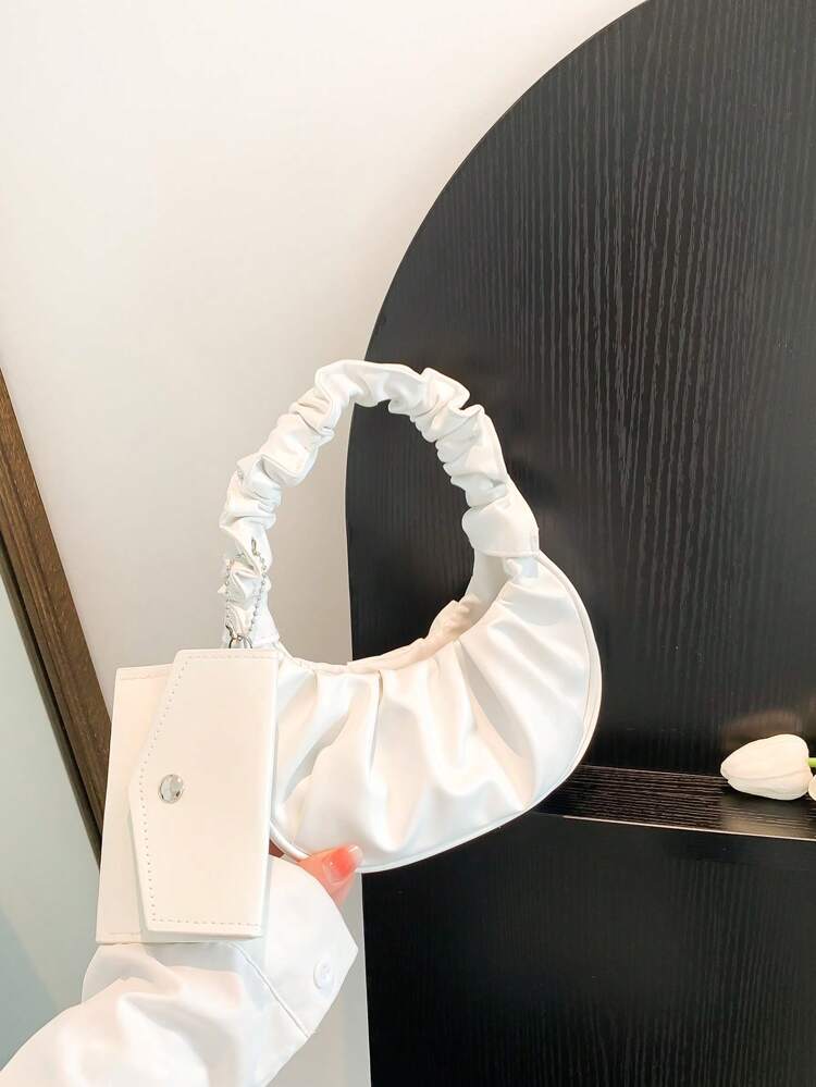 2pcs/Set With Coin Purse, Mini Solid Color Pleated Handbag & Crescent Shaped Solid Color Cloud Tote Bag For Women, White Bag