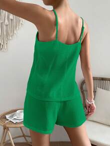 SHEIN VCAY Waffle Knit Cami Top & Tie Waist Shorts - Green - View 2