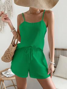 SHEIN VCAY Waffle Knit Cami Top & Tie Waist Shorts - Green - View 4