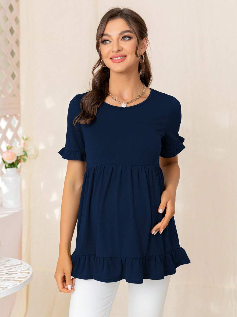 DEARCASE Maternidad Camiseta de manga con volante bajo con fruncido - Azul Marino - Ver 1