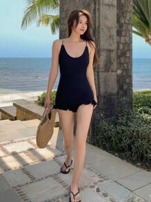 DAZY Đồ bơi một mảnh viền bèo nhún trơn có chi tiết xích mùa hè - màu đen - Xem 8