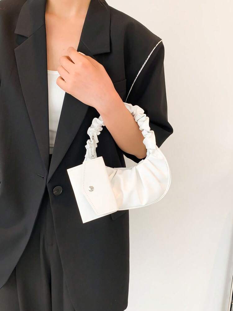 2pcs/Set With Coin Purse, Mini Solid Color Pleated Handbag & Crescent Shaped Solid Color Cloud Tote Bag For Women, White Bag