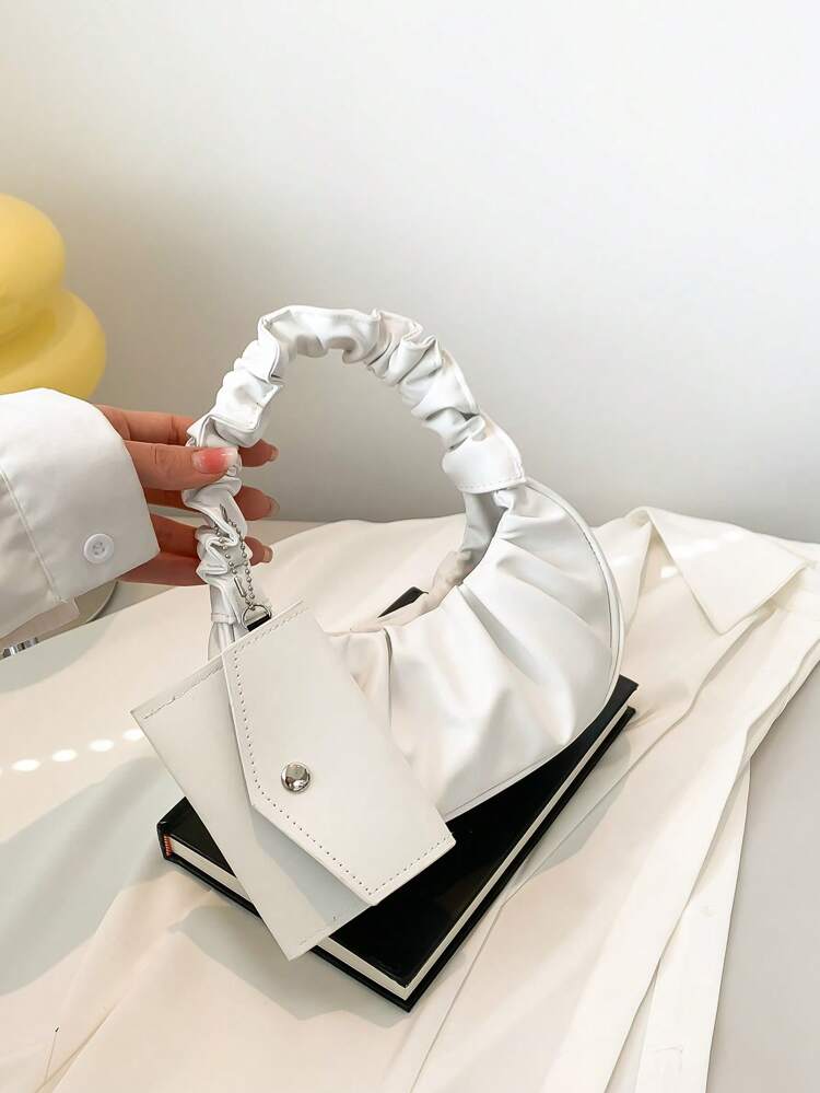 2pcs/Set With Coin Purse, Mini Solid Color Pleated Handbag & Crescent Shaped Solid Color Cloud Tote Bag For Women, White Bag