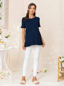 DEARCASE Maternidad Camiseta de manga con volante bajo con fruncido - Azul Marino - Ver 3