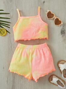 SHEIN Baby Girl Tie Dye Lettuce Trim Cami Top & Shorts - Coral Orange - View 1