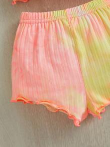SHEIN Baby Girl Tie Dye Lettuce Trim Cami Top & Shorts - Coral Orange - View 4
