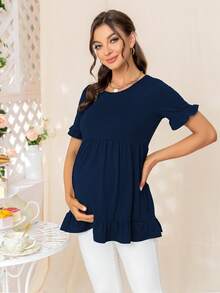 DEARCASE Maternidad Camiseta de manga con volante bajo con fruncido - Azul Marino - Ver 4