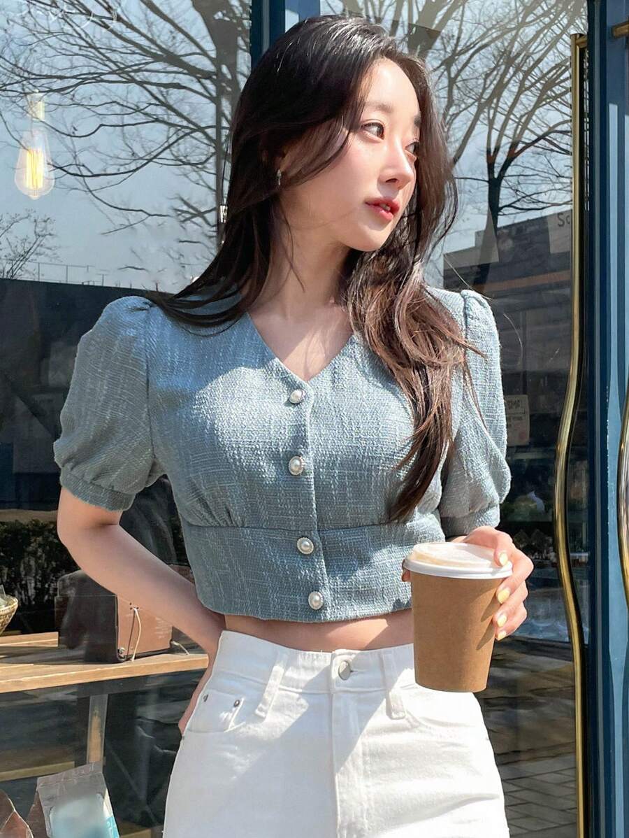 DAZY Áo khoác nữ Nút phía trước màu trơn Giải trí - Màu xanh bụi bặm - Xem 1