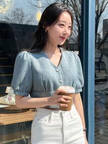 DAZY Áo khoác nữ Nút phía trước màu trơn Giải trí - Màu xanh bụi bặm - Xem 6