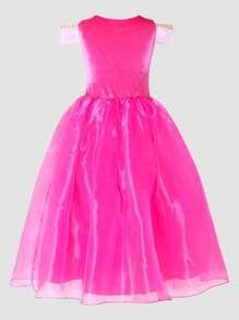 Vestido plisado con bloques de color lindo para niña, adecuado para fiestas y banquetes - Rosa Fucsia - Ver 7