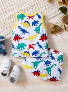 SHEIN Baby Boy Dinosaur Print Contrast Binding Tank Top & Shorts