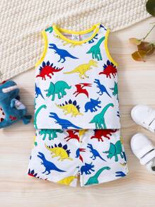 SHEIN Baby Boy Dinosaur Print Contrast Binding Tank Top & Shorts