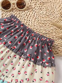 Toddler Girls Ditsy Floral Print Colourblock Ruffle Hem Skirt - Multicolor - View 5
