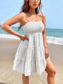 Soleia Solid Ruffle Hem Cami Dress - White - View 6