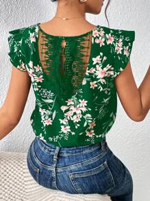 SHEIN Frenchy 印花蕾絲拼接荷葉邊襯衫 - 綠色 - 查看 3
