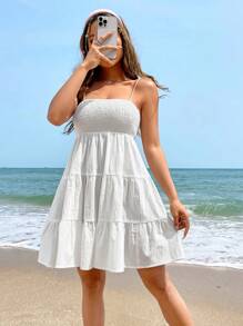 Soleia Solid Ruffle Hem Cami Dress - White - View 8