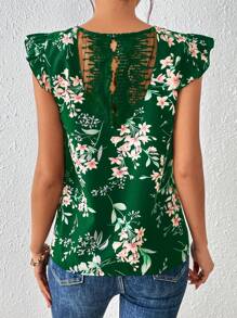 SHEIN Frenchy 印花蕾絲拼接荷葉邊襯衫 - 綠色 - 查看 5