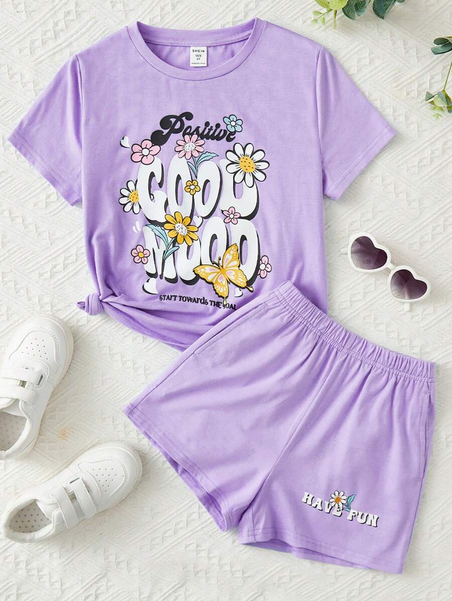 SHEIN Bộ hai mảnh Gái Túi Hoa Slogan Giải trí - Màu Lilac Tím - Xem 1