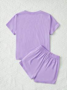 SHEIN Bộ hai mảnh Gái Túi Hoa Slogan Giải trí - Màu Lilac Tím - Xem 3