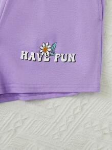 SHEIN Bộ hai mảnh Gái Túi Hoa Slogan Giải trí - Màu Lilac Tím - Xem 4