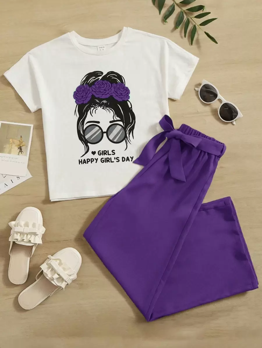 SHEIN Leap Crew Bộ thời trang bé gái Thắt lưng Con số Slogan Giải trí - Màu tím  Violet - Xem 1