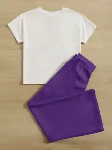 SHEIN Leap Crew Bộ thời trang bé gái Thắt lưng Con số Slogan Giải trí - Màu tím  Violet - Xem 2